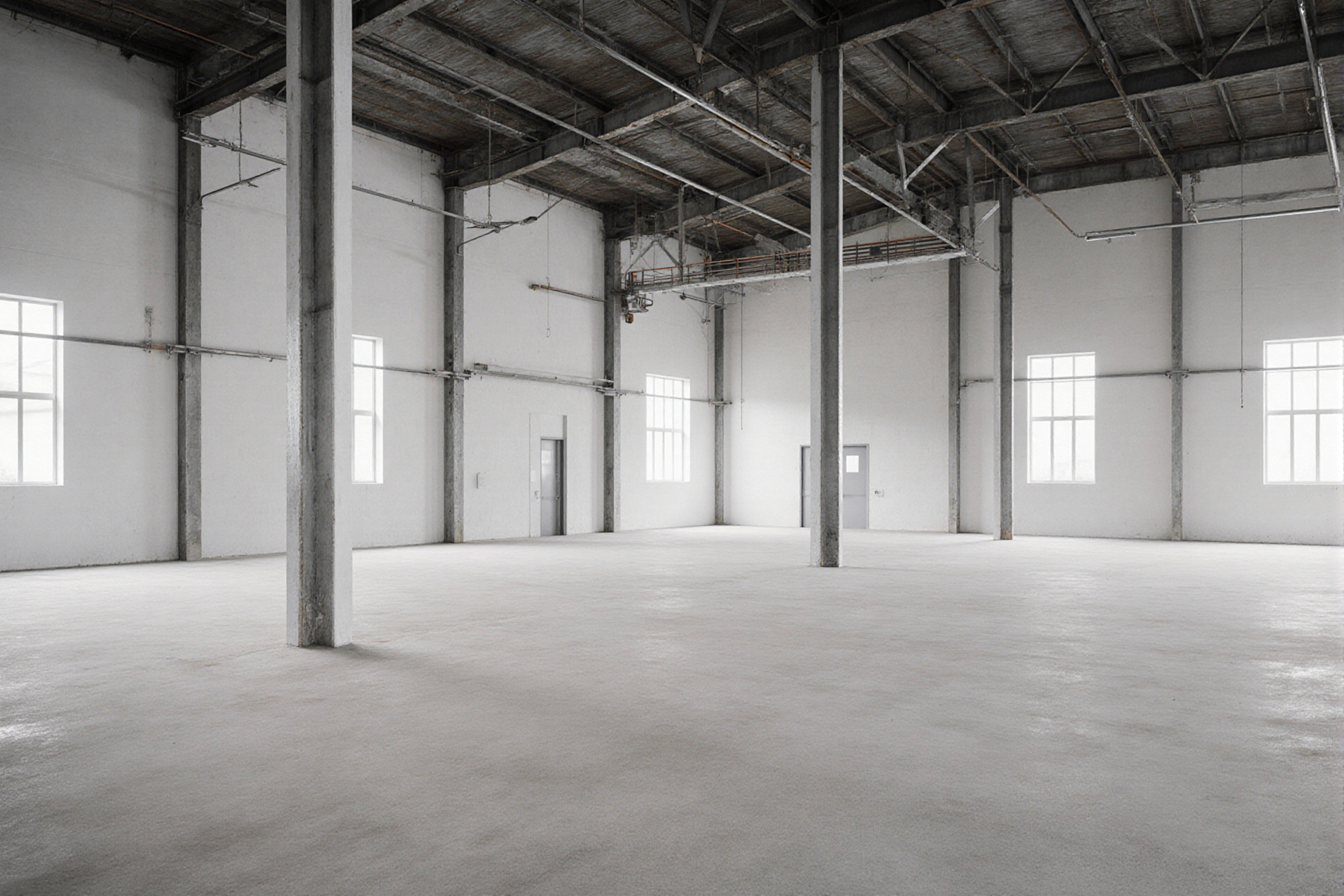 Freie Produktionshalle mit Stahlstützen, Fenstern und Betonboden